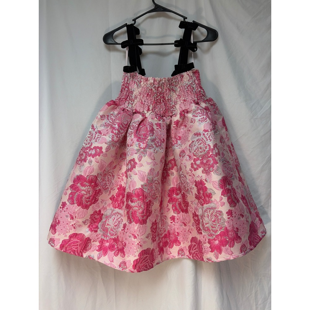 Meet Me In Santorini Pink Floral Brocade Mini Dress Velvet Bow Straps Smocked S